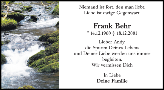 Traueranzeige von Frank Behr von Wiesbadener Kurier