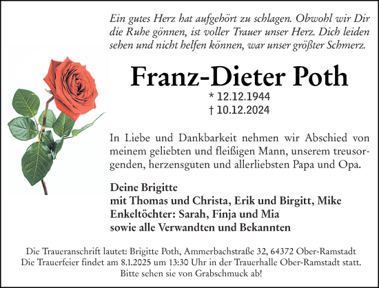 Traueranzeige von Franz-Dieter Poth von Darmstädter Echo