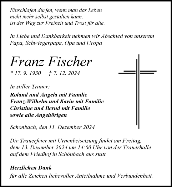 Traueranzeige von Franz Fischer von Dill Block
