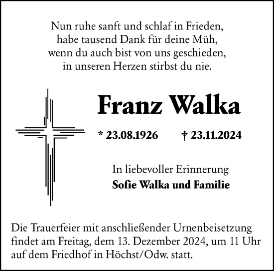 Traueranzeige von Franz Walka von Odenwälder Echo