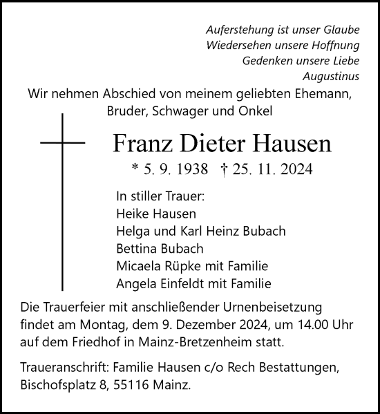 Traueranzeige von Franz Dieter Hausen von Allgemeine Zeitung Mainz