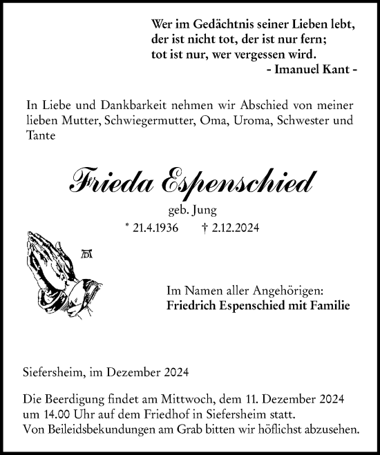 Traueranzeige von Frieda Espenschied von Allgemeine Zeitung Alzey