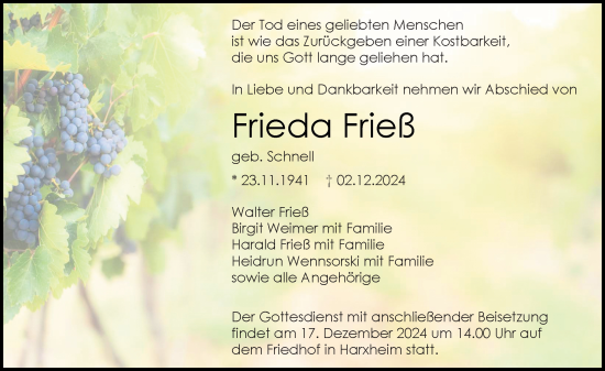 Traueranzeige von Frieda Frieß von Allgemeine Zeitung Mainz