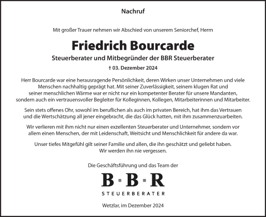 Traueranzeige von Friedrich Bourcarde von Wetzlarer Neue Zeitung