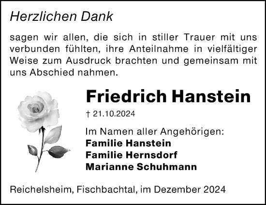 Traueranzeige von Friedrich Hanstein von Darmstädter Echo