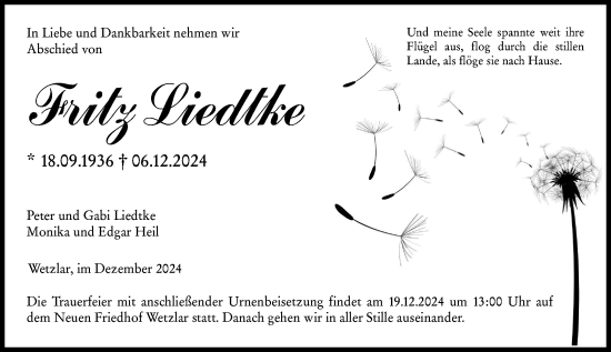 Traueranzeige von Fritz Liedtke von Wetzlarer Neue Zeitung