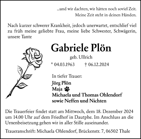 Traueranzeige von Gabriele Plön von Hinterländer Anzeiger
