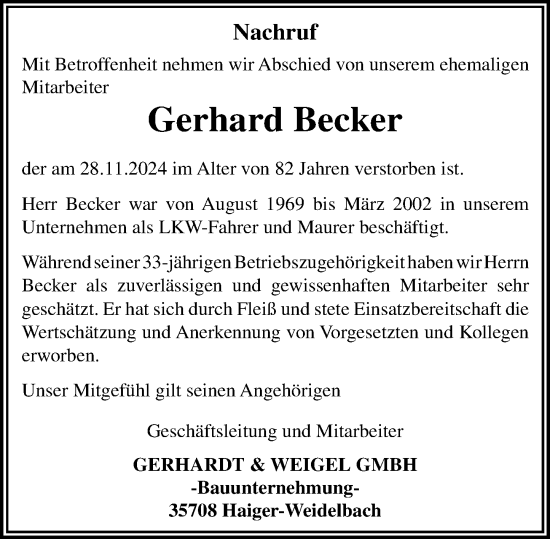 Traueranzeige von Gerhard Becker von Hinterländer Anzeiger