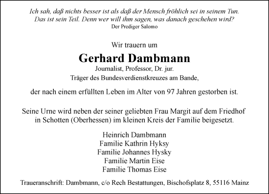 Traueranzeige von Gerhard Dambmann von Allgemeine Zeitung Mainz