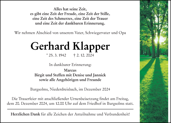 Traueranzeige von Gerhard Klapper von Wetzlarer Neue Zeitung
