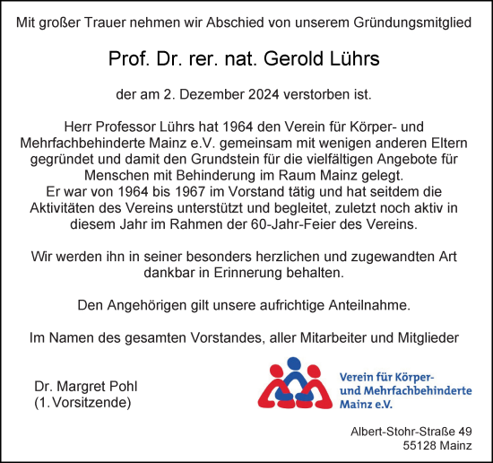 Traueranzeige von Gerold Lührs von Allgemeine Zeitung Rheinhessen-Nahe