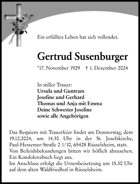 Traueranzeige von Gertrud Susenburger von Rüsselsheimer Echo