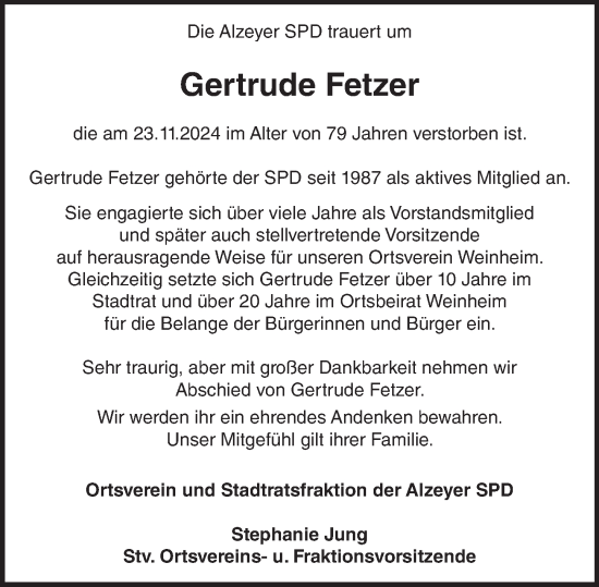 Traueranzeige von Gertrude Fetzer von Allgemeine Zeitung Alzey