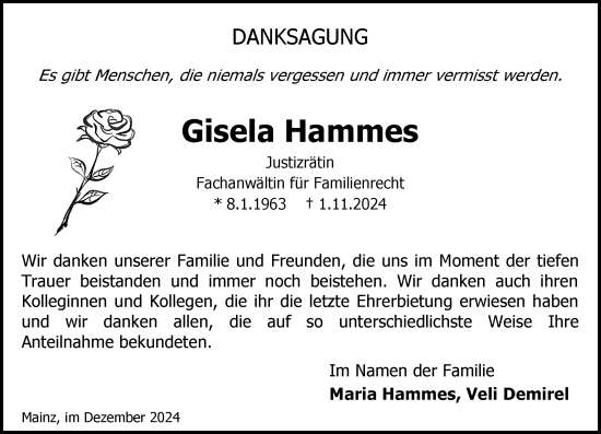Traueranzeige von Gisela Hammes von Allgemeine Zeitung Mainz