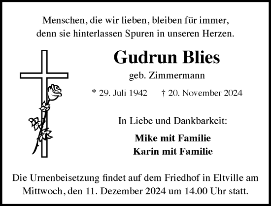 Traueranzeige von Gudrun Blies von Wiesbadener Kurier