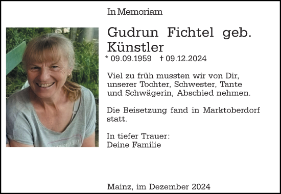 Traueranzeige von Gudrun Fichtel von Allgemeine Zeitung Mainz