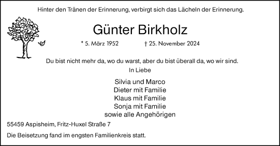 Traueranzeige von Günter Birkholz von Binger-/Ingelheimer Wochenblatt