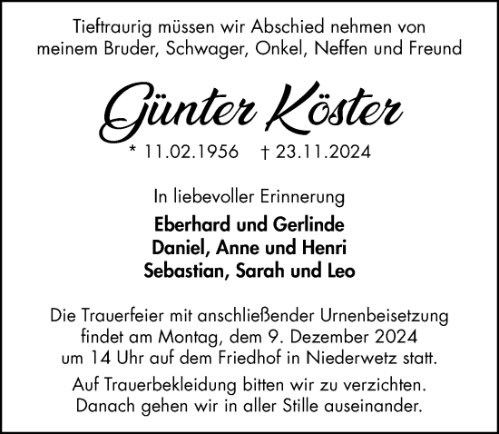 Traueranzeige von Günter Köster von Wetzlarer Neue Zeitung