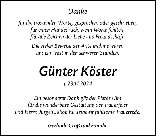 Traueranzeige von Günter Köster von Wetzlarer Neue Zeitung