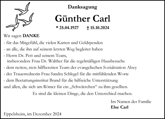 Traueranzeige von Günther Carl von Allgemeine Zeitung Alzey