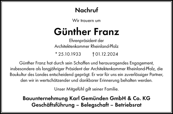 Traueranzeige von Günther Franz von Allgemeine Zeitung Mainz