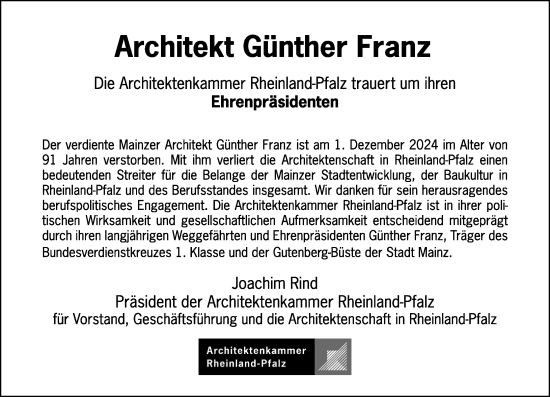 Traueranzeige von Günther Franz von Allgemeine Zeitung Mainz