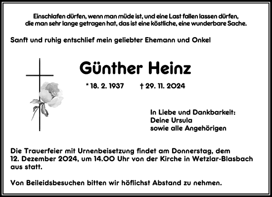 Traueranzeige von Günther Heinz von Wetzlarer Neue Zeitung