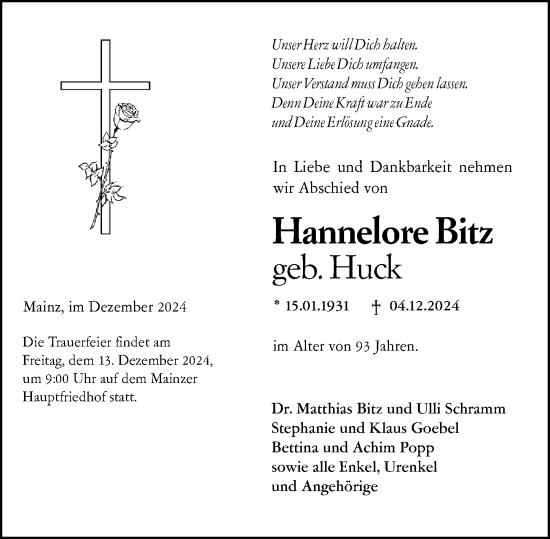 Traueranzeige von Hannelore Bitz von Allgemeine Zeitung Mainz