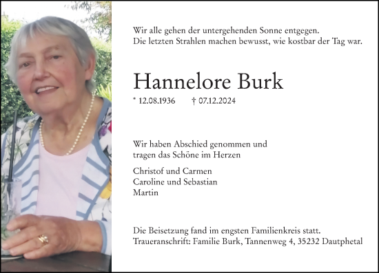 Traueranzeige von Hannelore Burk von Hinterländer Anzeiger
