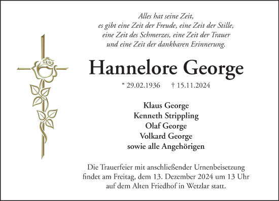 Traueranzeige von Hannelore George von Wetzlarer Neue Zeitung