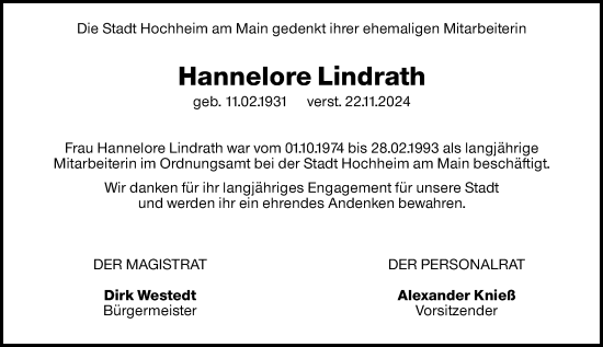 Traueranzeige von Hannelore Lindrath von Hochheimer Zeitung