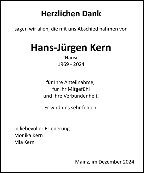 Traueranzeige von Hans-Jürgen Kern von Allgemeine Zeitung Mainz