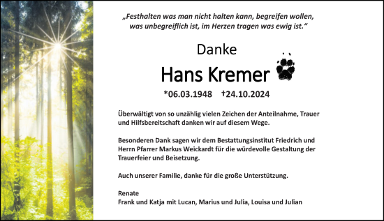 Traueranzeige von Hans Kreemer von Allgemeine Zeitung Rheinhessen-Nahe