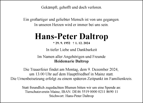 Traueranzeige von Hans-Peter Daltrop von Wiesbadener Kurier