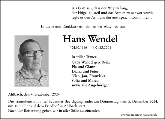 Traueranzeige von Hans Wendel von Nassauische Neue Presse