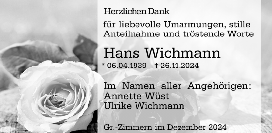 Traueranzeige von Hans Wichmann von Dieburger Anzeiger/Groß-Zimmerner Lokal-Anzeiger