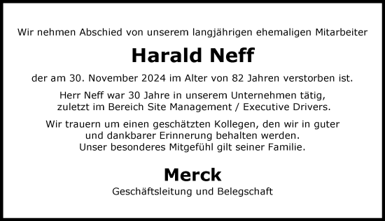 Traueranzeige von Harald Neff von Darmstädter Echo