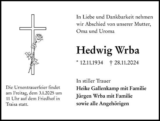 Traueranzeige von Hedwig Wrba von Darmstädter Echo