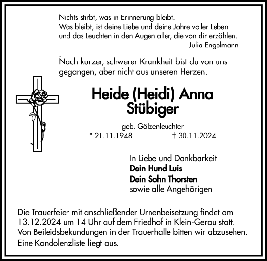 Traueranzeige von Heide  Stübiger von Groß-Gerauer Echo