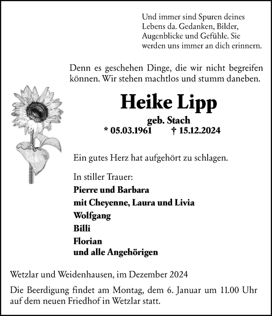 Traueranzeige von Heike Lipp von Wetzlarer Neue Zeitung