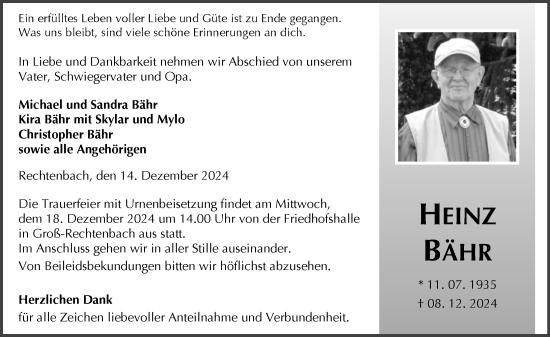 Traueranzeige von Heinz Bähr von Wetzlarer Neue Zeitung