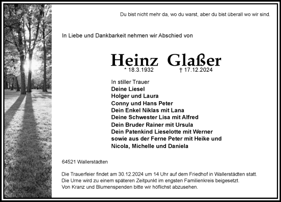 Traueranzeige von Heinz Glaßer von Groß-Gerauer Echo