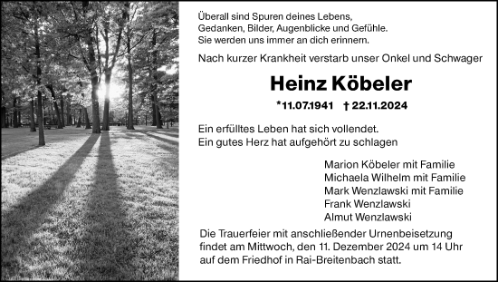 Traueranzeige von Heinz Köbeler von Odenwälder Echo