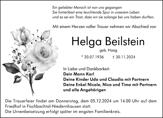 Traueranzeige von Helga Beilstein von Darmstädter Echo