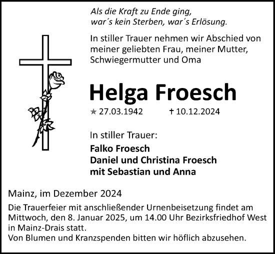 Traueranzeige von Helga Froesch von Allgemeine Zeitung Mainz