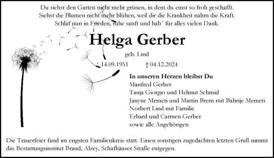 Traueranzeige von Helga Gerber von Allgemeine Zeitung Alzey