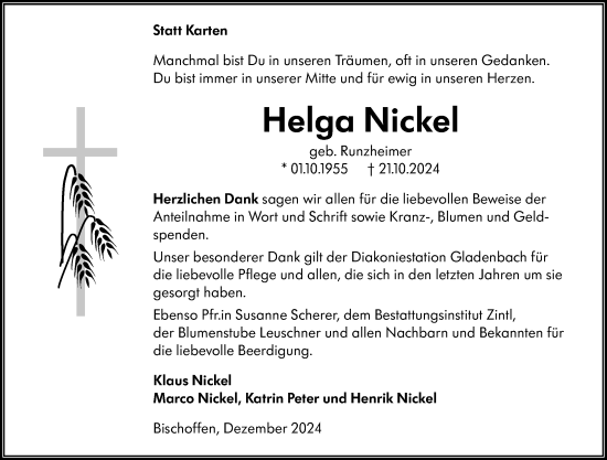 Traueranzeige von Helga Nickel von Hinterländer Anzeiger