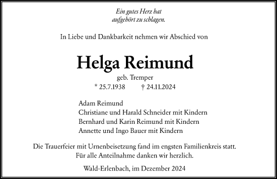 Traueranzeige von Helga Reimund von Starkenburger Echo