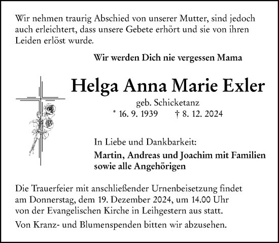 Traueranzeige von Helga Anna Marie Exler von Wetzlarer Neue Zeitung