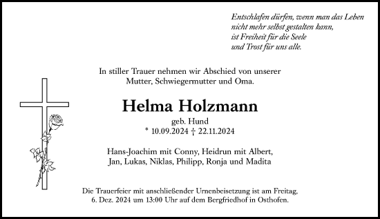 Traueranzeige von Helma Holzmann von Wormser Zeitung